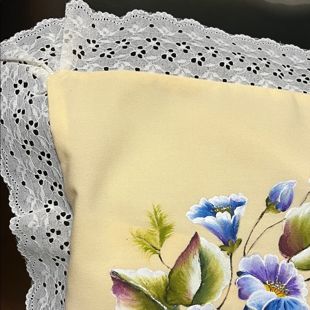 Hand painted Floral Pillow case with Lace Trim - Picture 5 of 9